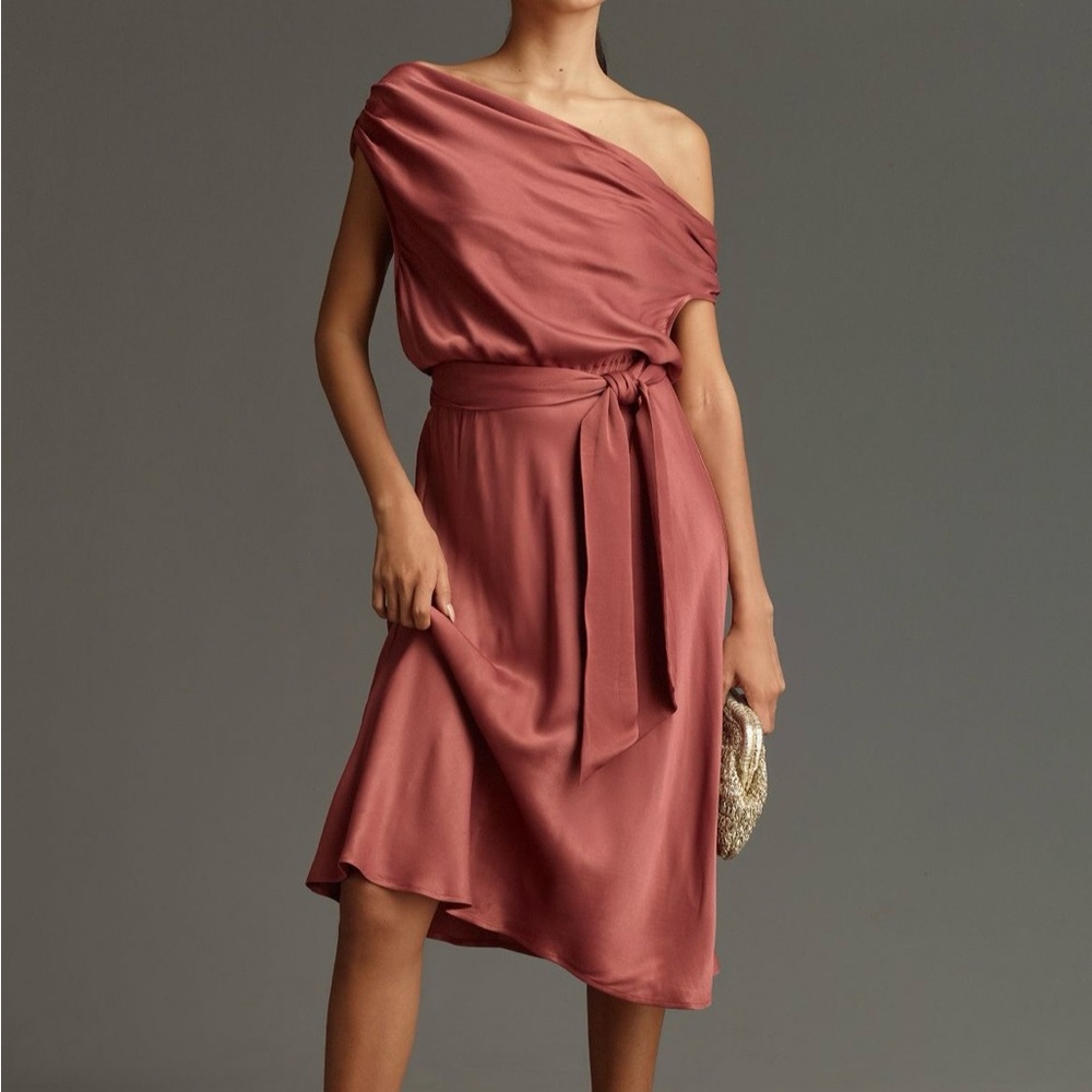Anthropologie Maeve Asymmetrical Tie-Waist Satin Midi Dress